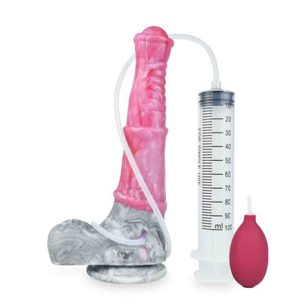 Dildo rosa silicone con pompa e siringa monouso, base stivale effetto marmo