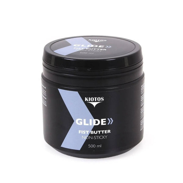Bottiglia nera Kiotos Glide Fist Butter lubrificante anale 500 ml etichetta bianca e logo X blu