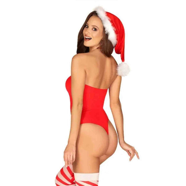 Body rosso scollo ampio vista laterale con calze righe e cappello Babbo Natale