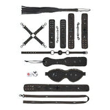 Kit BDSM 13 pezzi denim nero a disposizione piatta con frustino, croce Hogtie e dettagli cucitura