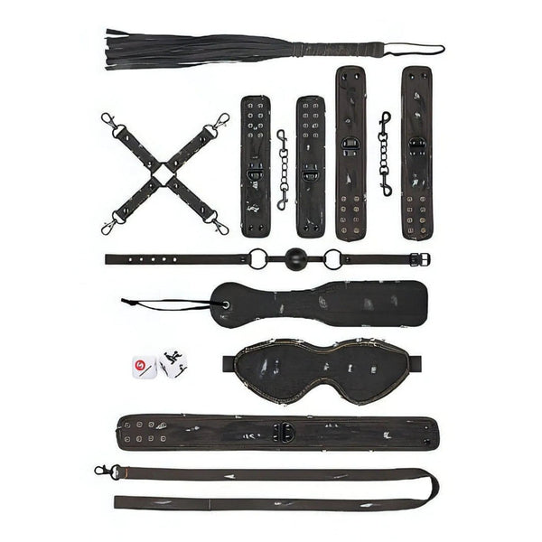Kit BDSM 13 pezzi denim nero a disposizione piatta con frustino, croce Hogtie e dettagli cucitura
