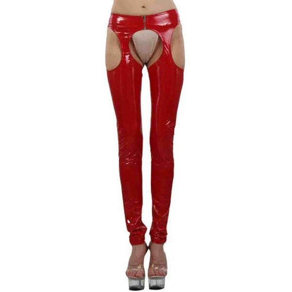 Leggings In Vinile Rossi Con Aperture Fianchi e Inguine