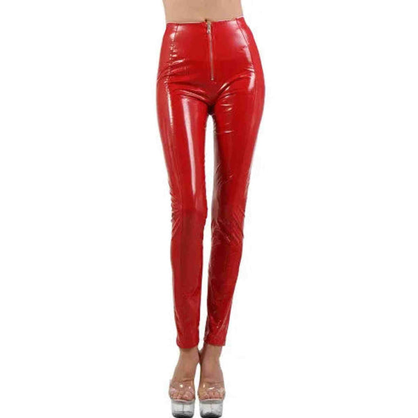 Leggings Rossi in Vinile con Zip Frontale Alta Vita