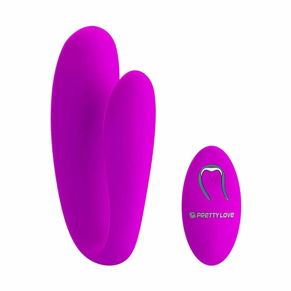 Vista posteriore vibratore coppia forma C in silicone viola opaco con telecomando ovale Pretty Love