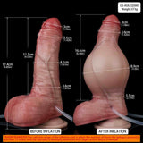 Confronto dimensioni dildo prima e dopo gonfiaggio con misurazioni in cm e pollici
