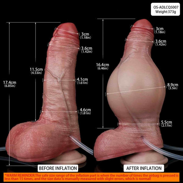 Confronto dimensioni dildo prima e dopo gonfiaggio con misurazioni in cm e pollici
