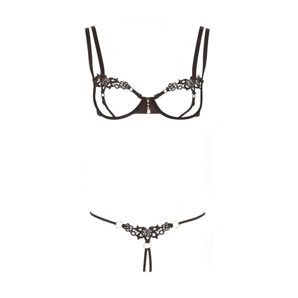 Completino intimo nero Cottelli con reggiseno a coppe scoperte, pizzo decorativo e pendente centrale