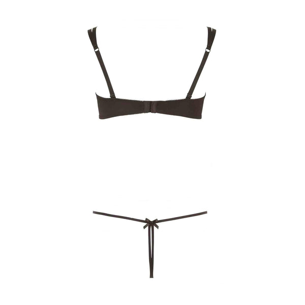 Completino intimo nero Cottelli con reggiseno a costine e mutandina thong fiocco centrale