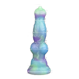 Dildo silicone colorato sfumato viola blu verde chiaro con indicatori di misura e incisioni base