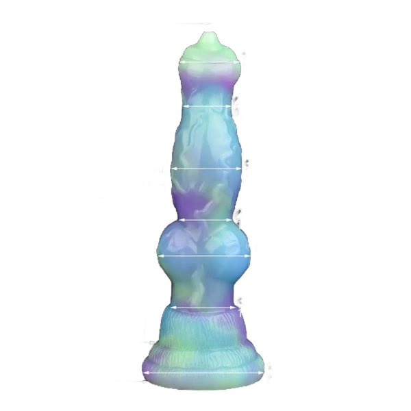 Dildo silicone colorato sfumato viola blu verde chiaro con indicatori di misura e incisioni base