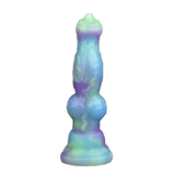 Dildo silicone effetto gradiente verde viola blu con sezione centrale ampia e base circolare