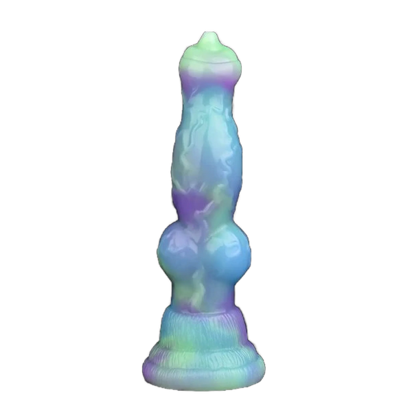 Dildo silicone effetto gradiente verde viola blu con sezione centrale ampia e base circolare