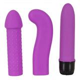 3 adattatori in silicone viola per Love Machine: cilindrico a puntini, curvo liscio e con base nera