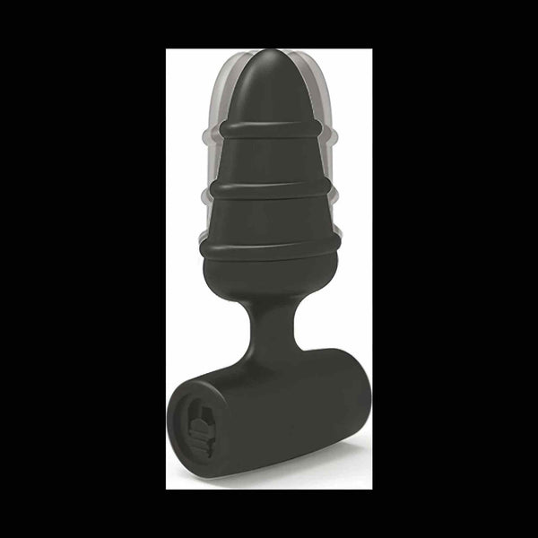 Plug anale vibrante nero in silicone morbido con tre anelli e impugnatura di sicurezza
