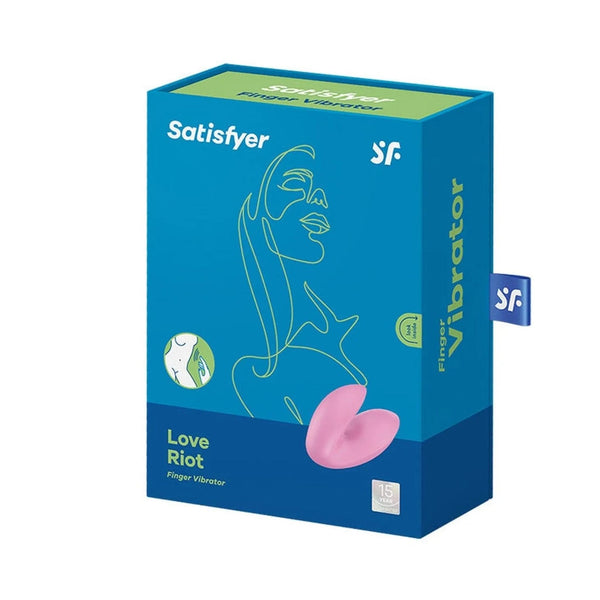 Confezione blu vibratore a dito Satisfyer Love Riot con grafica viso