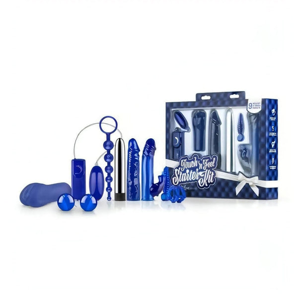 Kit completo sex toy blu per coppia con accessori vari