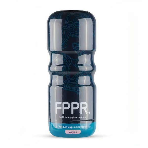 Masturbatore trasparente FPPR. con base blu e etichetta Vagina