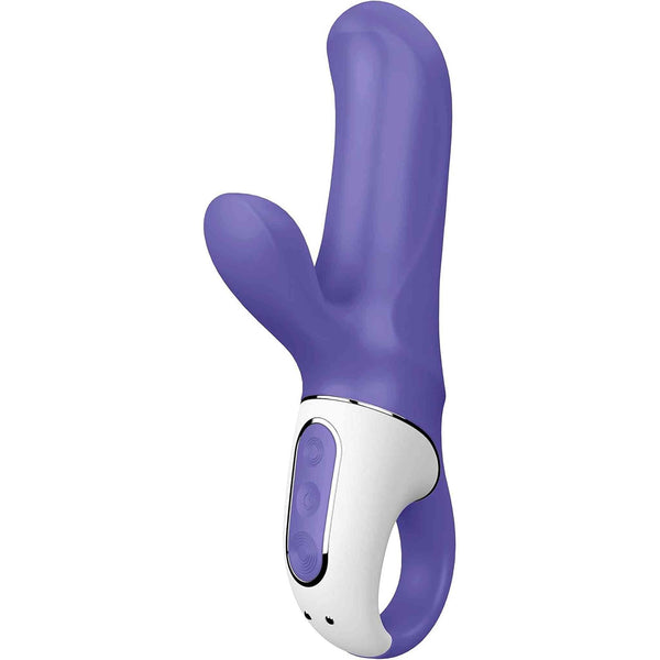 Vibratore a forma di coniglio in silicone viola con design ergonomico e manico anulare
