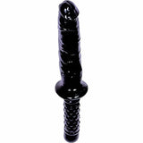 Doppio dildo Falcon nero in PVC lucido con base a rilievi a cuore per presa sicura
