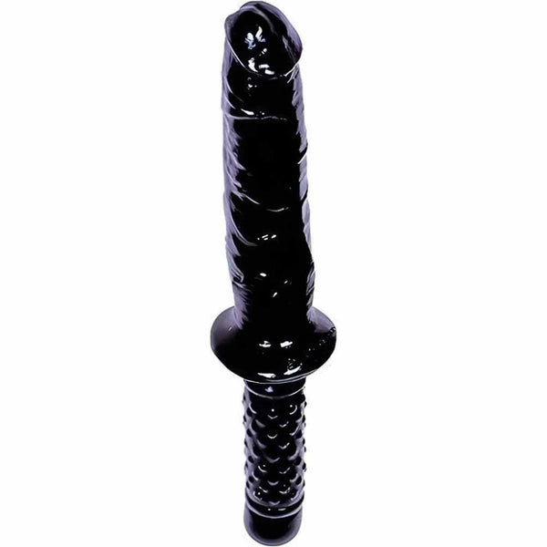 Doppio dildo Falcon nero in PVC lucido con base a rilievi a cuore per presa sicura