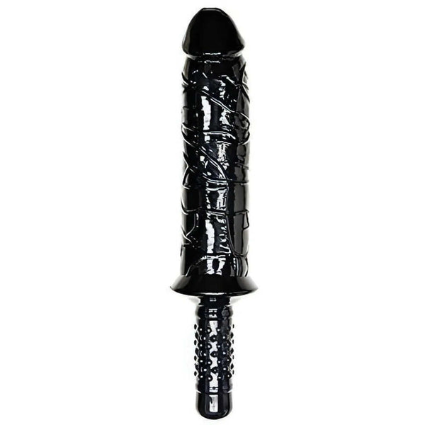 Doppio dildo Falcon nero in PVC lucido con superficie a righe spiralate e impugnatura antiscivolo