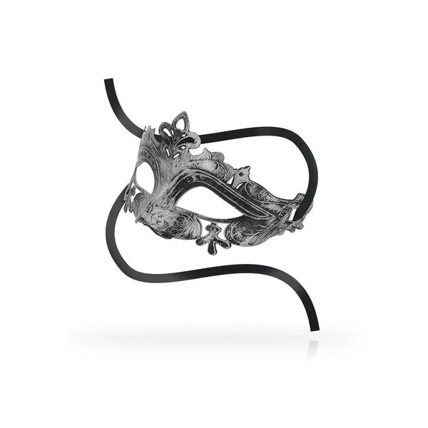 Maschera veneziana argento stile barocco vista laterale con ornamenti intagliati