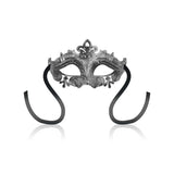 Maschera veneziana argento barocca con dettagli floreali e fasce nere
