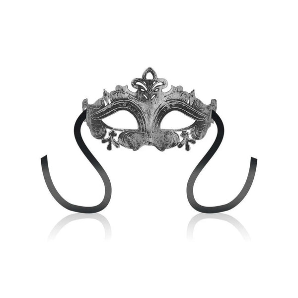 Maschera veneziana argento barocca con dettagli floreali e fasce nere