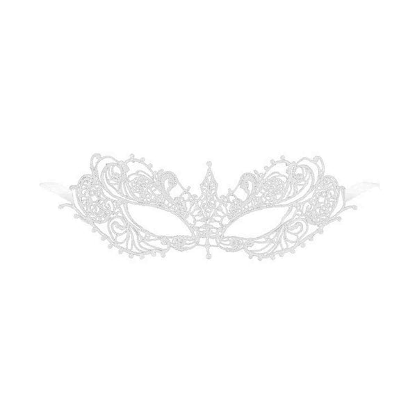 Mascherina Zenith bianca glitterata con design floreale simmetrico e cinghie bianche