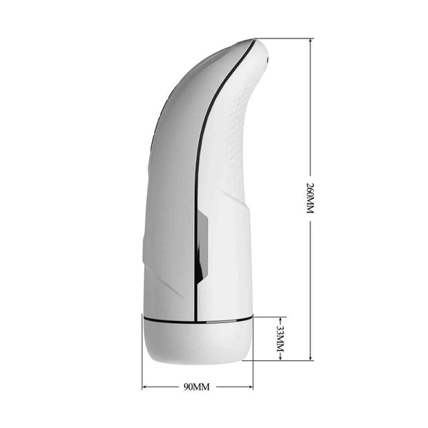 Dimensioni masturbatore elettrico bianco 260mm altezza con base piatta e striscia nera verticale