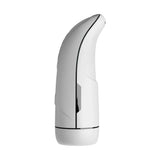Vista laterale masturbatore elettrico bianco con texture a rombi e design ergonomico compatto