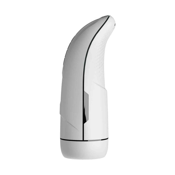 Vista laterale masturbatore elettrico bianco con texture a rombi e design ergonomico compatto