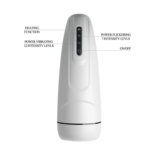 Pulsanti controllo frontale masturbatore elettrico bianco per riscaldamento e vibrazione intensità