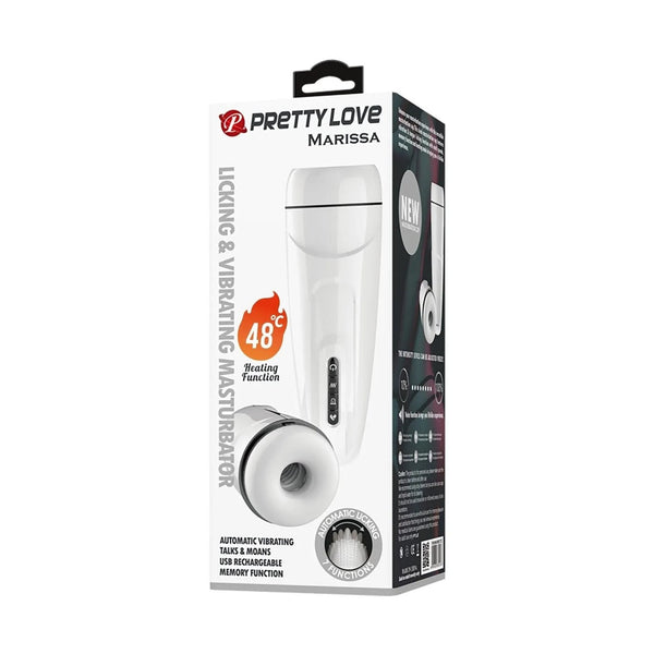Scatola imballaggio masturbatore elettrico Pretty Love Marissa con icone funzioni USB ricarica