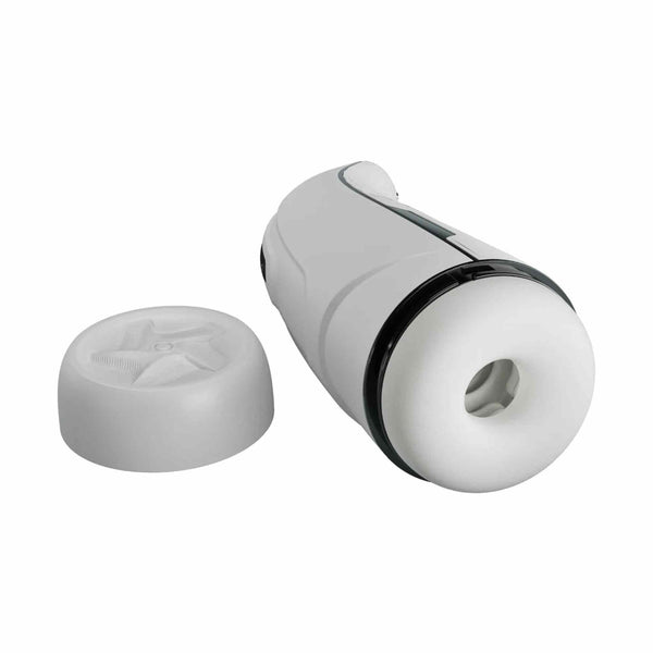 Masturbatore elettrico bianco opaco con cappuccio rimovibile interno a stella incisa