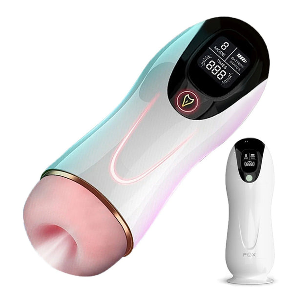 Masturbatore automatico FoxShow iridescente rosa con base dorata e display