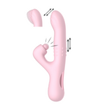 Vibratore coniglio rosa con frecce movimento rotazione e oscillazione