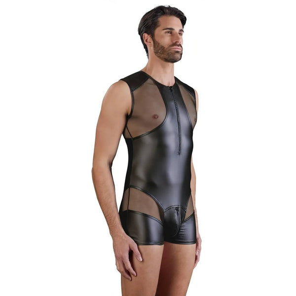 Vista tre quarti playsuit uomo nero opaco senza maniche con dettagli rete trasparenti