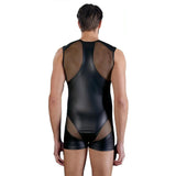 Vista posteriore playsuit uomo nero opaco con zip schiena e inserti rete dorsali