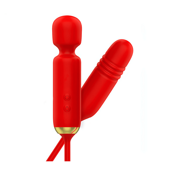 Mia Toscana Power Wand rossa 2 in 1 con accessorio vibratore a forma di pene e fascia dorata