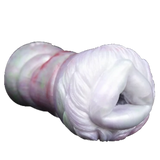 Masturbatore rosa e bianco con texture muscolare e base ampia aperta