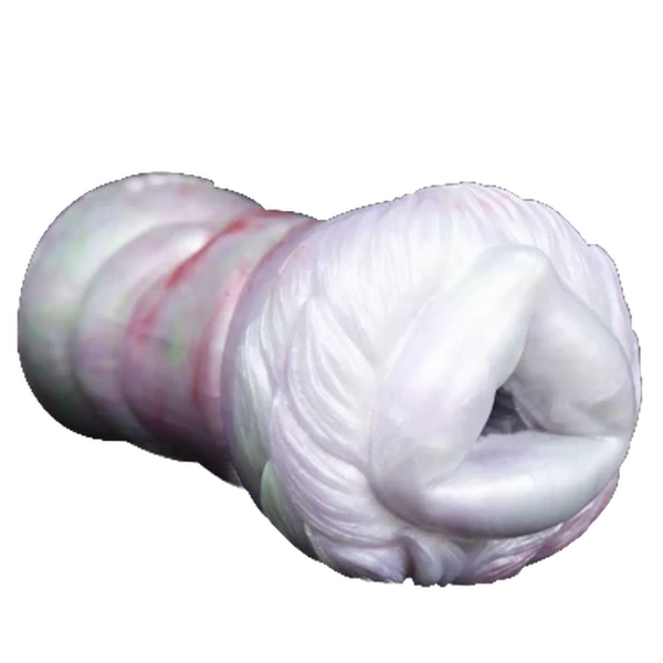 Masturbatore rosa e bianco con texture muscolare e base ampia aperta