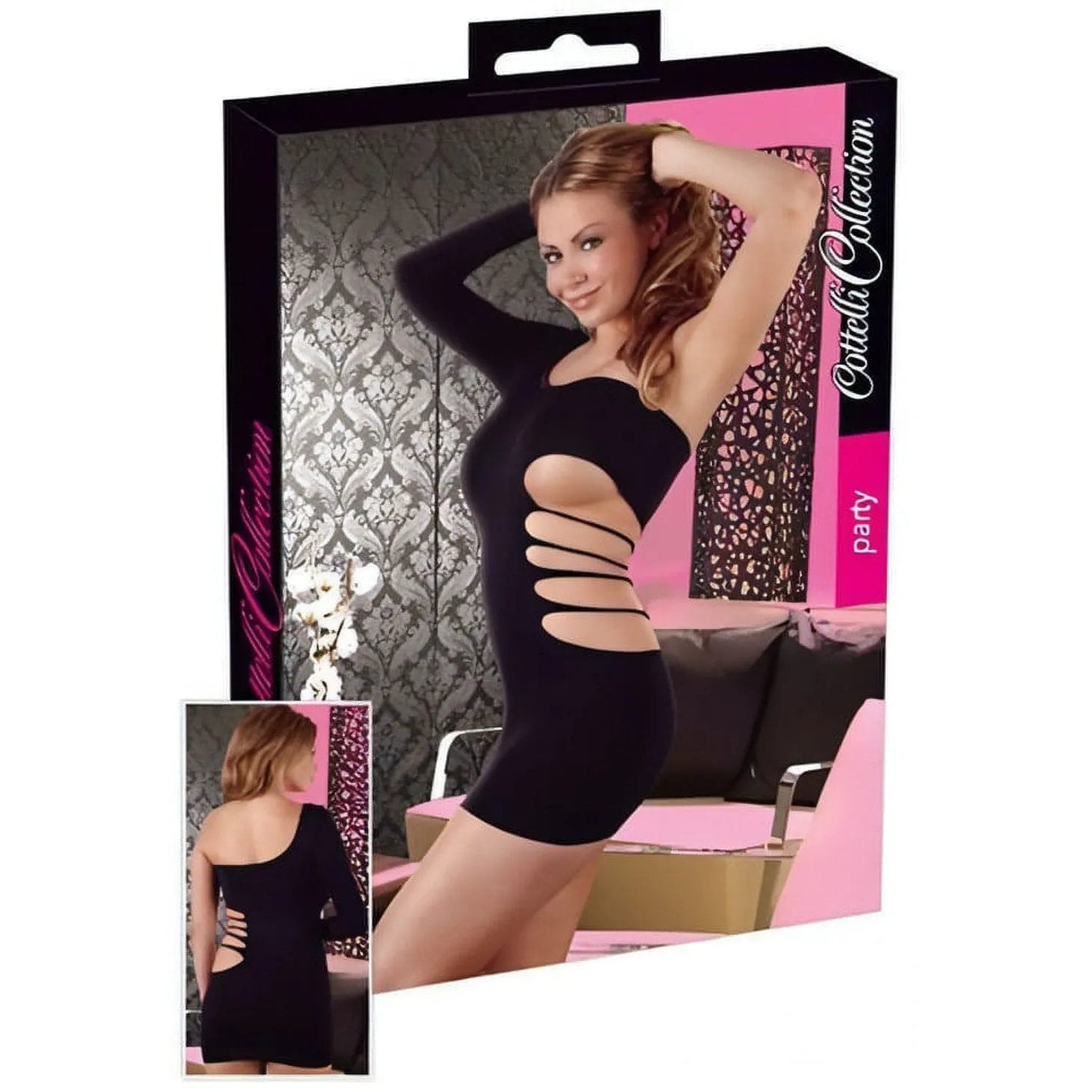 Mini Abito Sexy Nero Monospalla con Tagli Laterali