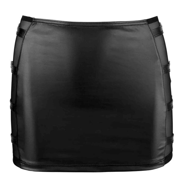 Dettaglio frontale mini gonna fetish nera con vita bassa e rete trasparente