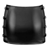 Mini gonna nera lucida con fibbie metalliche e cinturini in similpelle