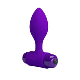 Vista frontale plug anale vibrante viola in silicone con base lucida