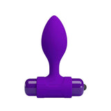 Vista frontale plug anale vibrante viola con testa allungata e pulsante destro