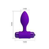 Schema tecnico plug anale viola con misure millimetriche e design goccia