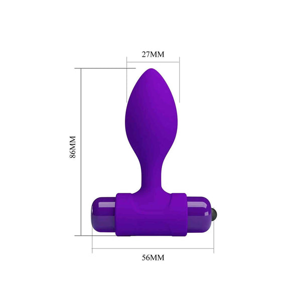 Schema tecnico plug anale viola con misure millimetriche e design goccia