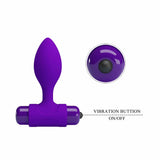 Dettaglio pulsante vibrazione su plug anale viola in silicone Pretty Love
